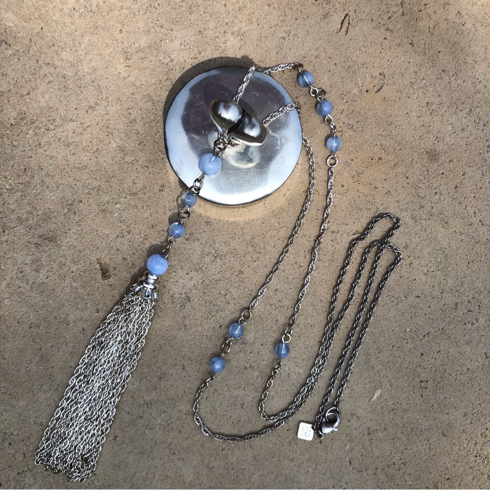 🪅 Banana Republic Silver Tassel Pendant Necklace with Blue Beads - Picture 2 of 9